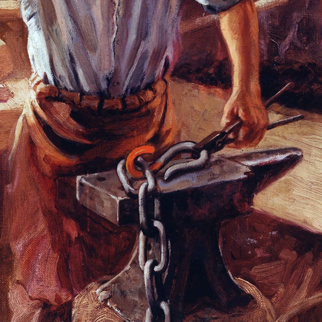 Målning av John Deere när han arbetar i sin smedja, gjord av Walter Haskell Hinton