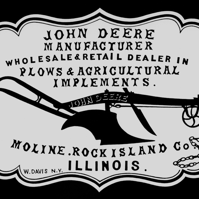 En historisk återförsäljarannons från 1855, "Tillverkare, gross- & detaljhandlare av John Deere -plogar & -jordbruksredskap. Moline, Rock Island Co. Illinois"